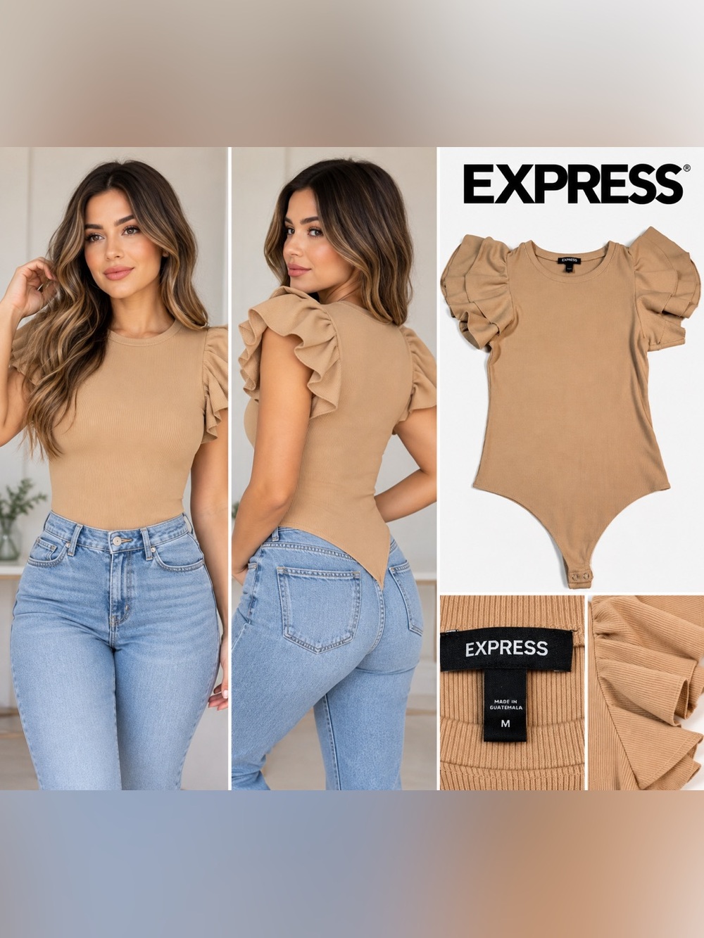 Express Women's Tan Ruffle Sleeve Bodysuit size M
